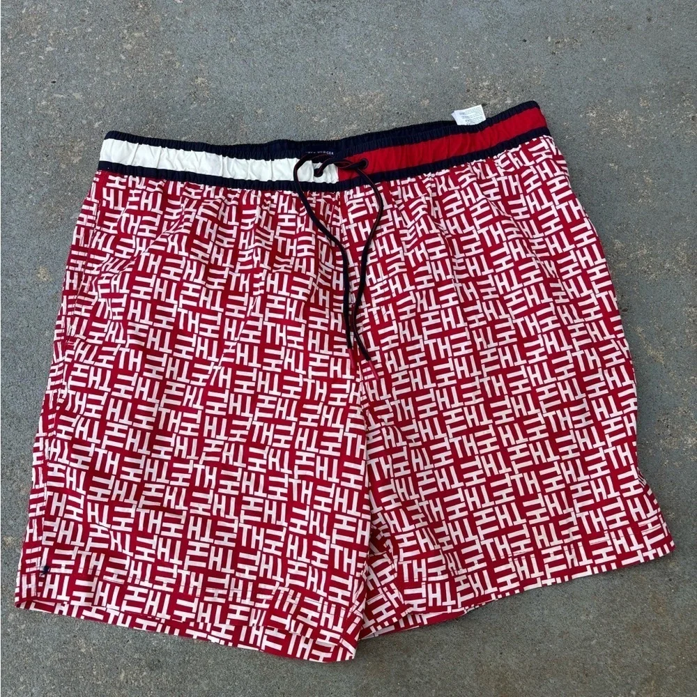 Tommy Hilfiger Red and White Patterned Swim Trunks